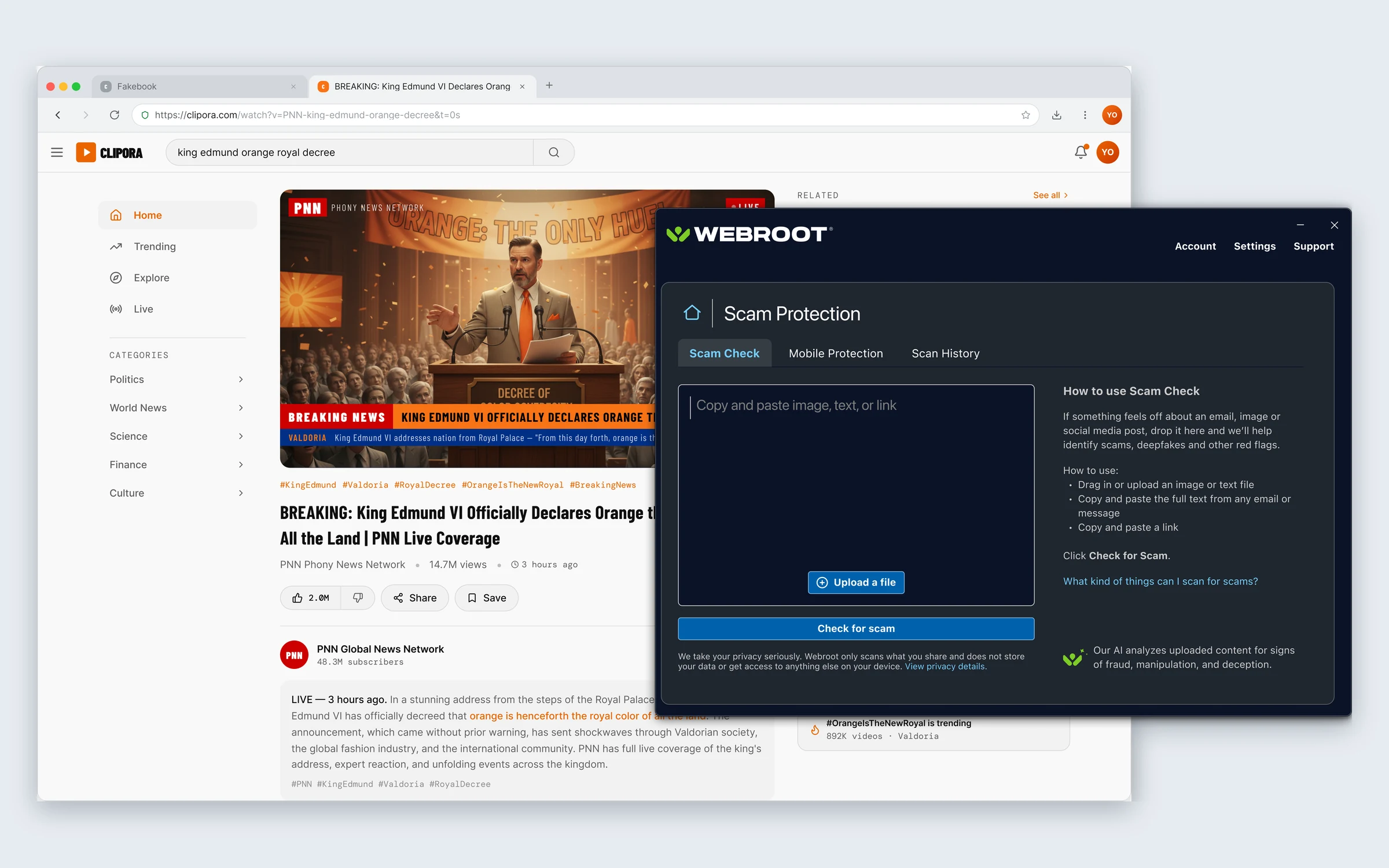 Scam Check input focused, ready for pasted content