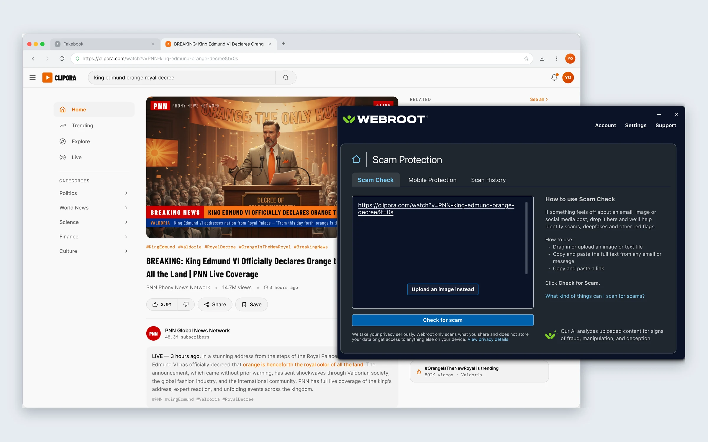 A shortened link pasted, Check for Scam enabled