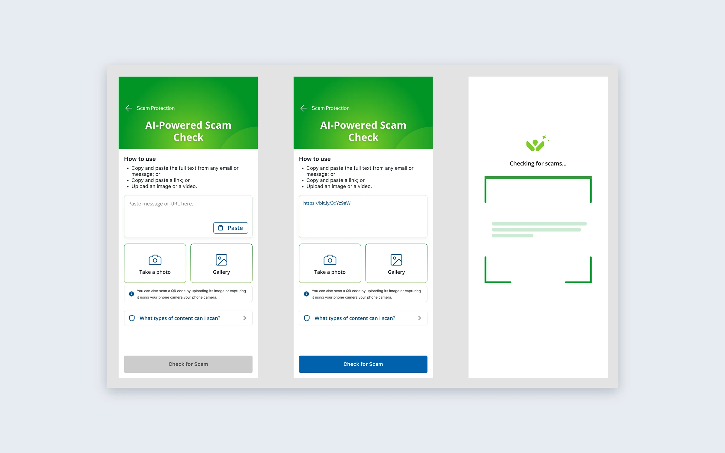Three mobile screens of AI-Powered Scam Check: empty state with How to use guidance, a pasted link, and the checking state