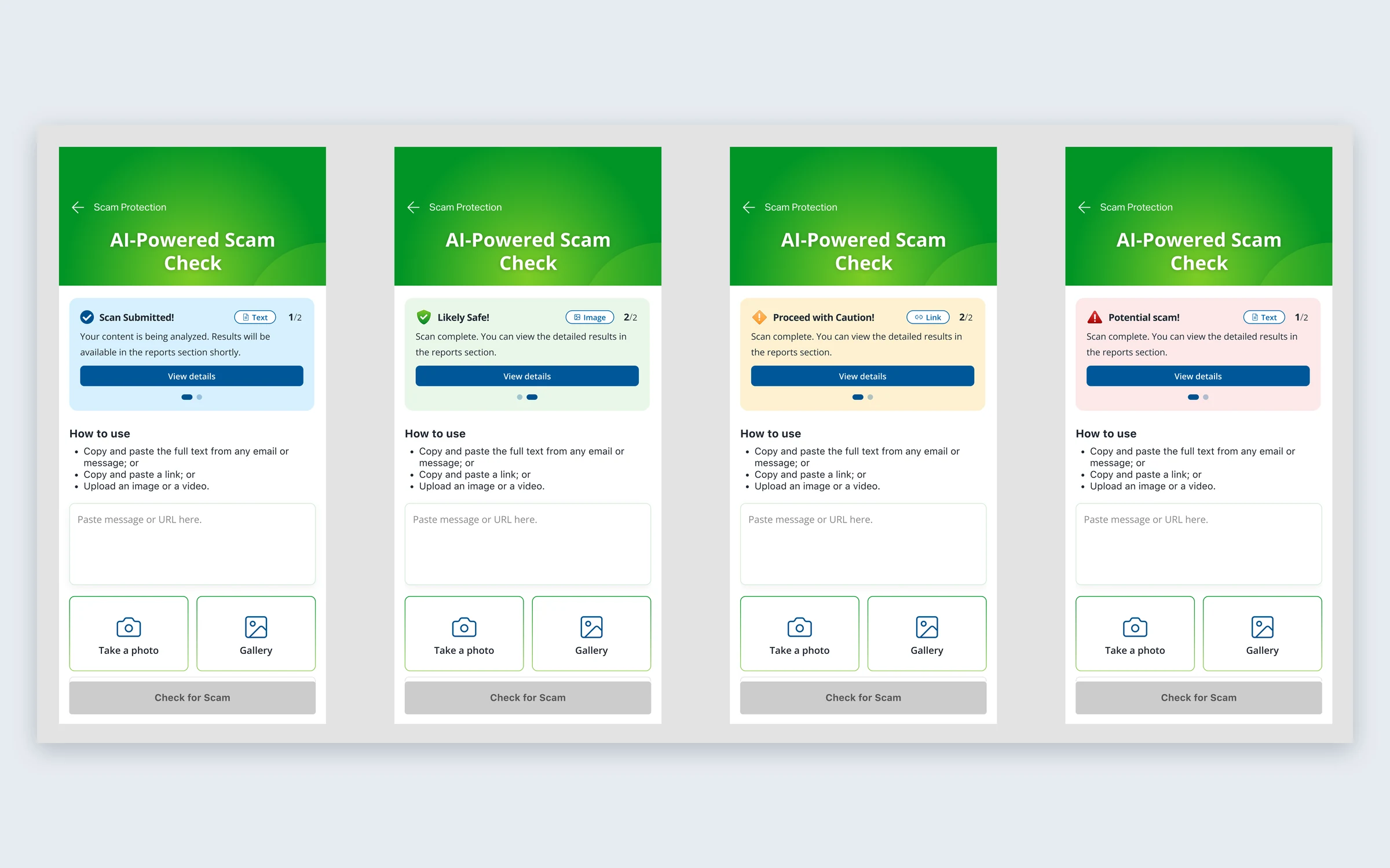 Four mobile result states: Scan Submitted, Likely Safe, Proceed with Caution, and Potential Scam