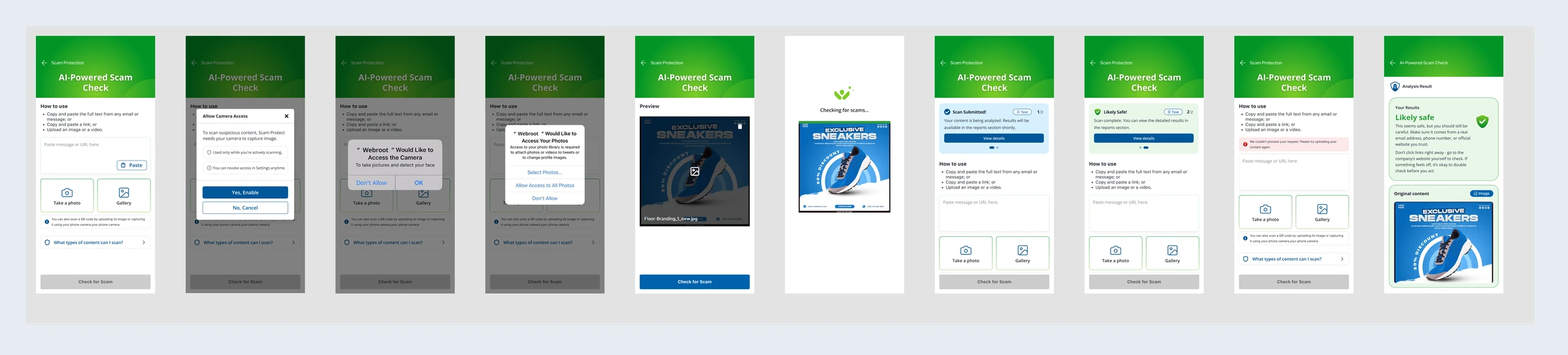 The full mobile image-upload flow as a nine-screen sequence from entry and permissions through verdict