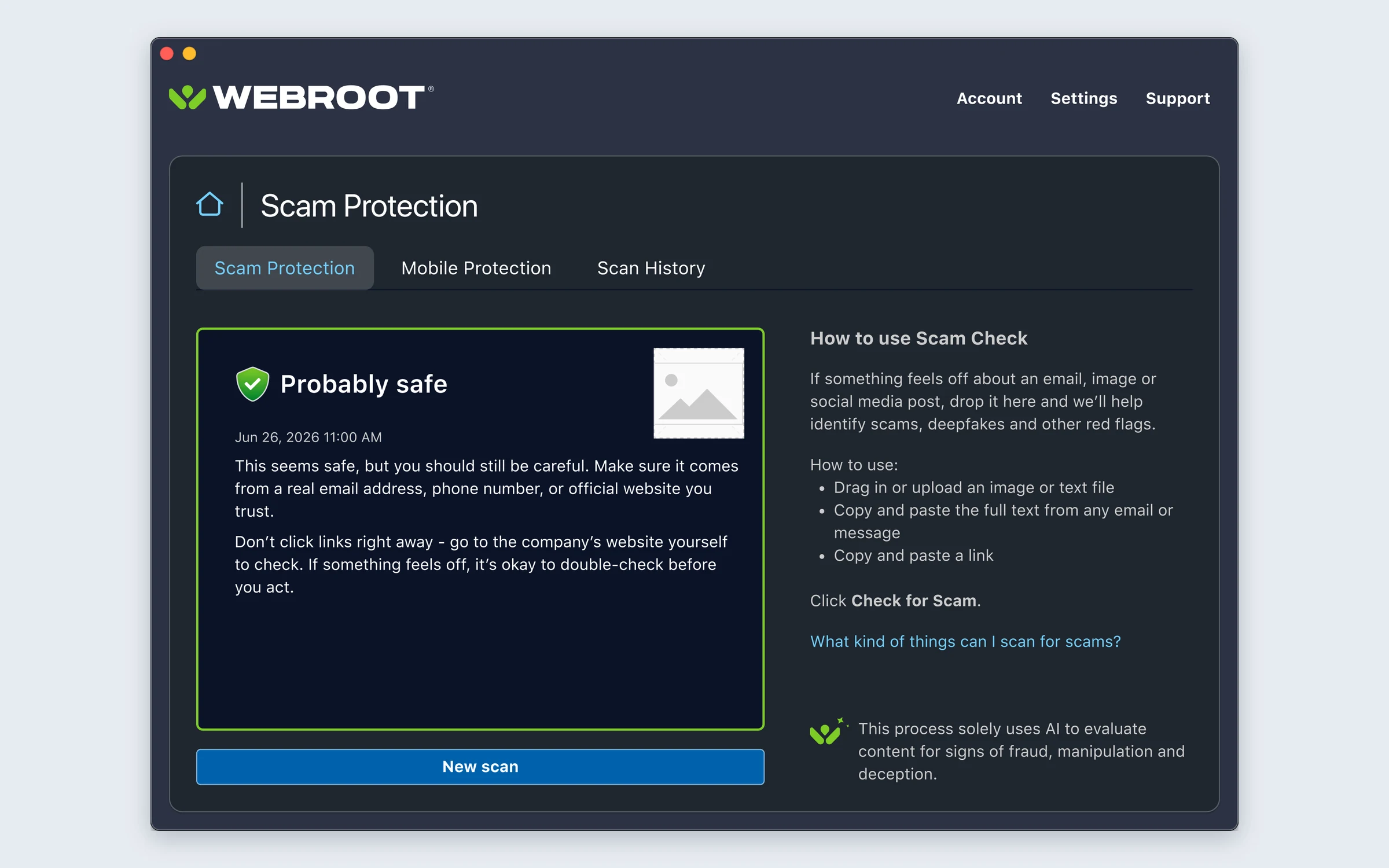 Verdict with a green border reading Probably safe, with verification guidance