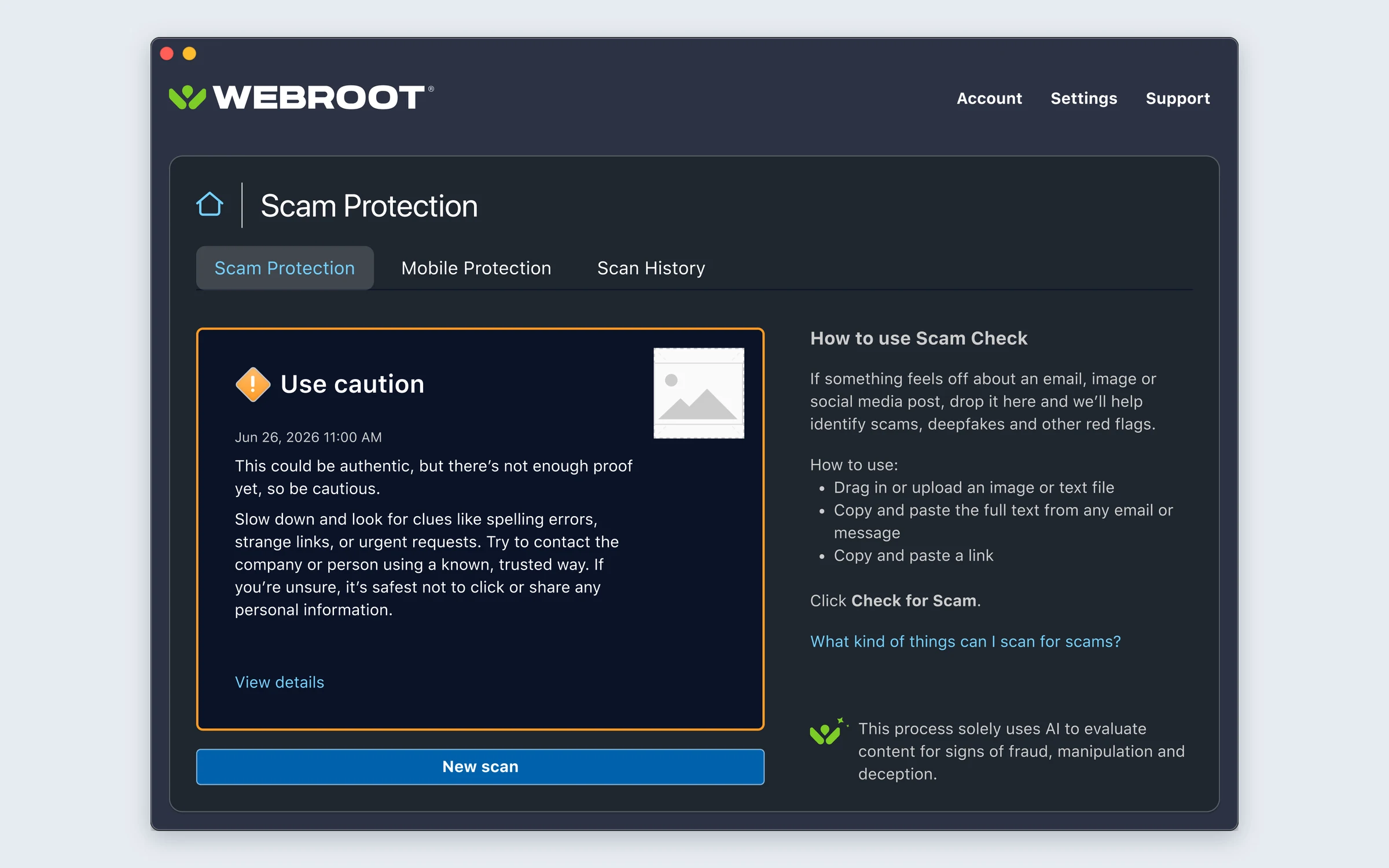 Verdict with an amber border reading Use caution, advising the user to slow down and verify through trusted channels