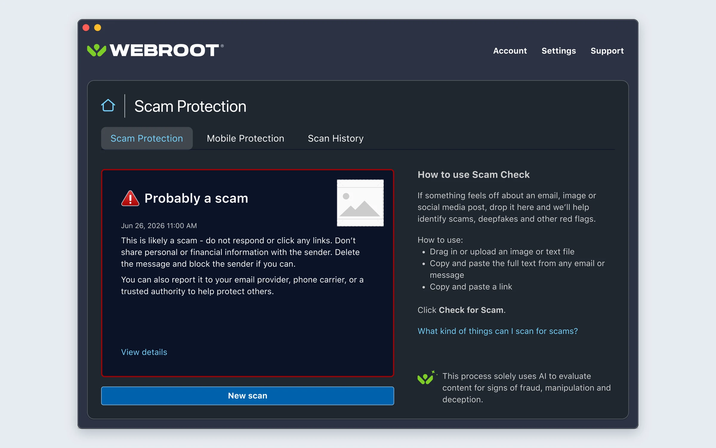 Verdict with a red border reading Probably a scam, advising not to respond, to delete and block, and to report