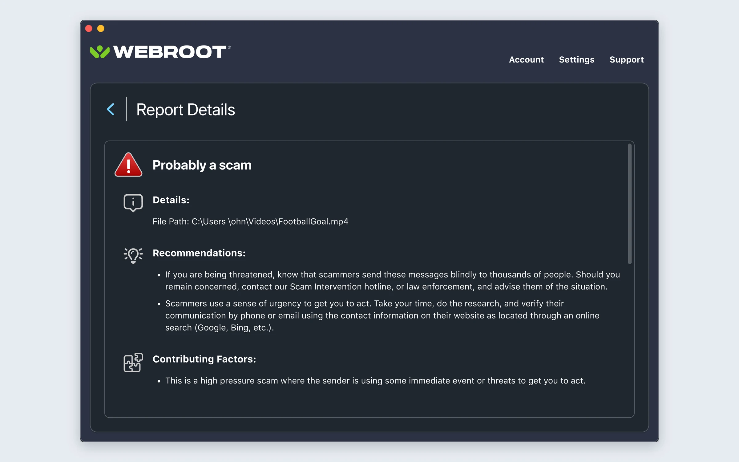 Report Details screen: recommendations and contributing factors naming a high-pressure scam using urgency