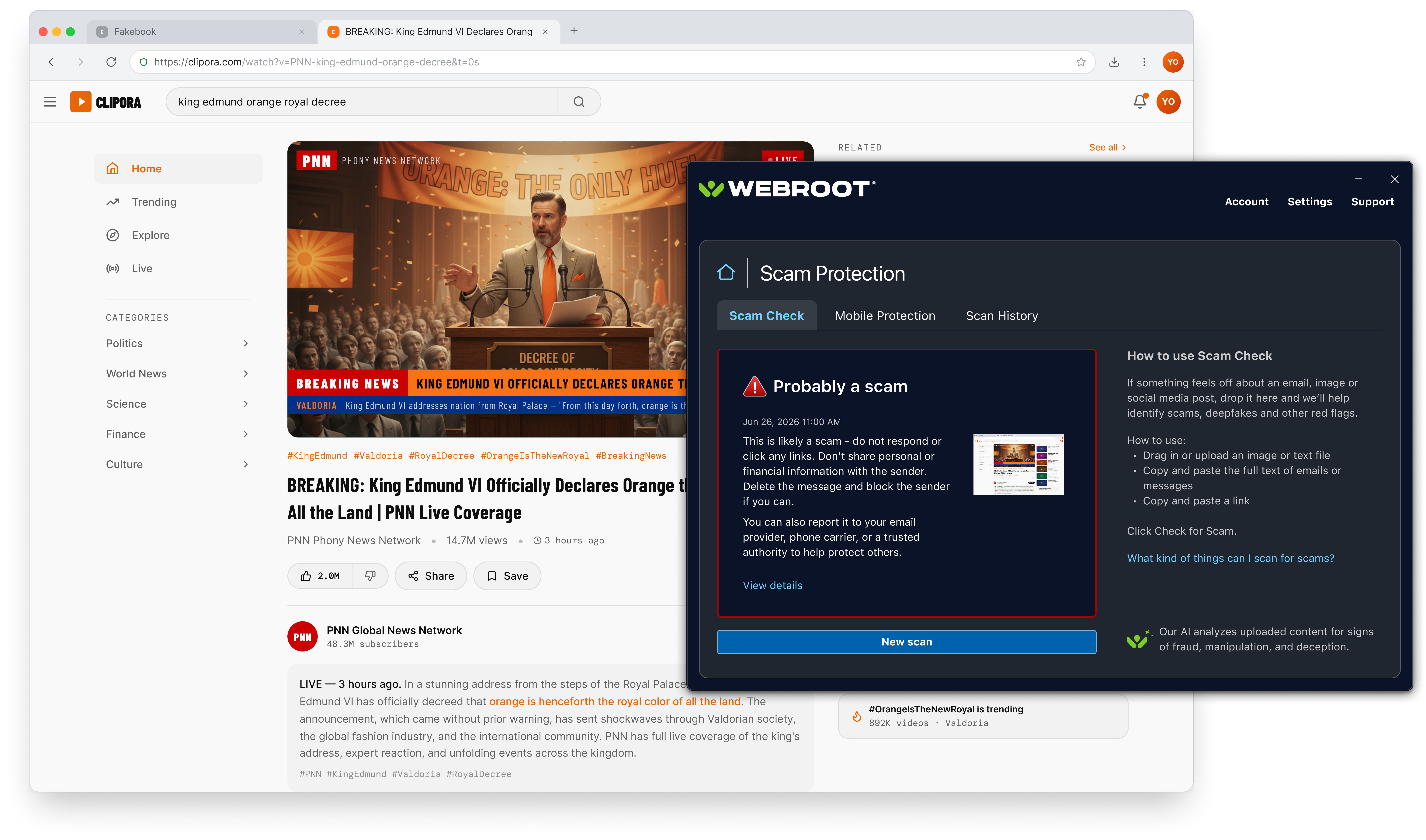 Scam Check processing state with the Webroot mascot, the label 'Processing…', a note that large files could take a little while, and a Checking… progress button.