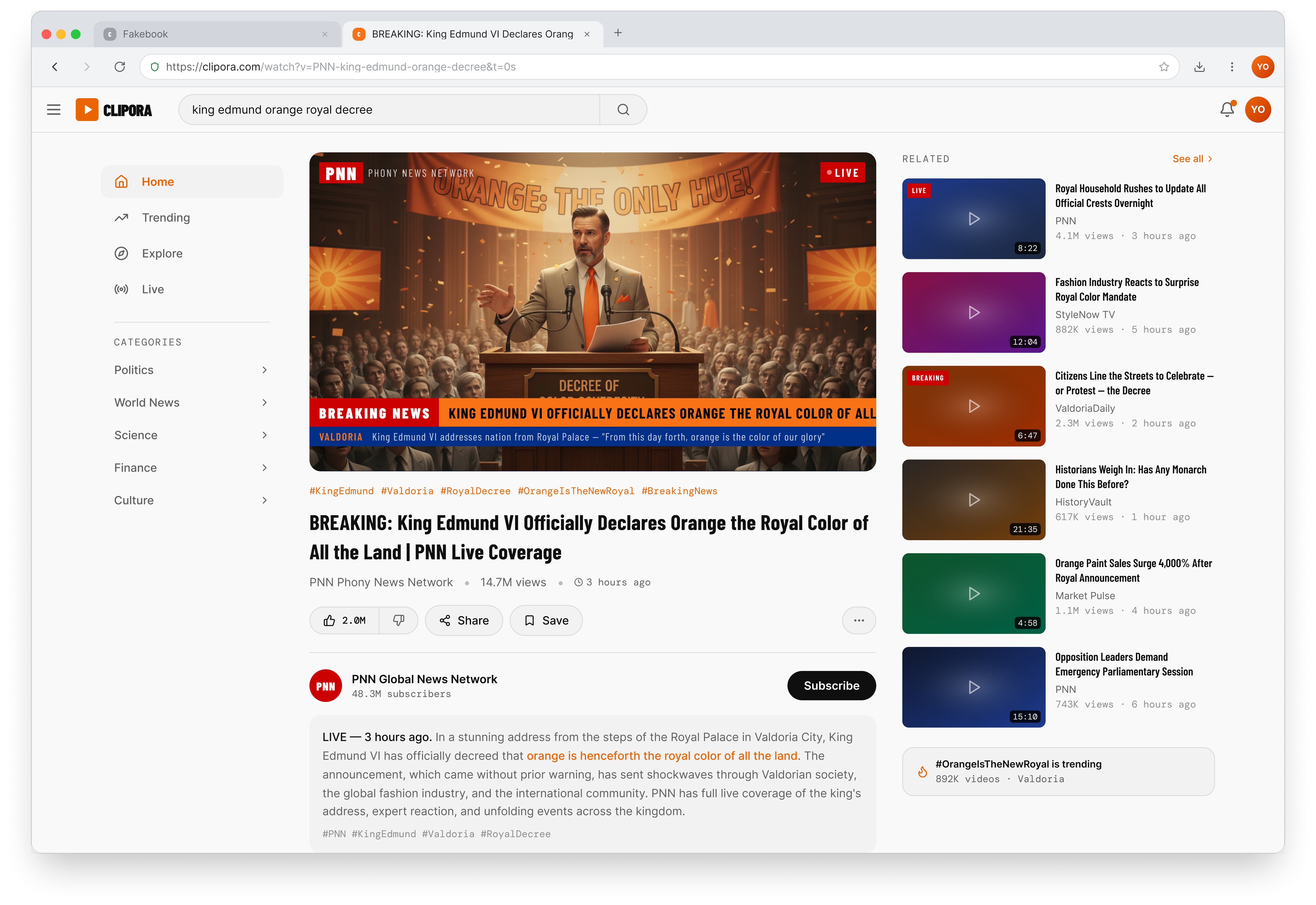 A staged video platform showing a live 'breaking news' broadcast of a royal decree with AI-generated footage, 14.7M views, 2M likes, and a full sidebar of related coverage reinforcing the story.