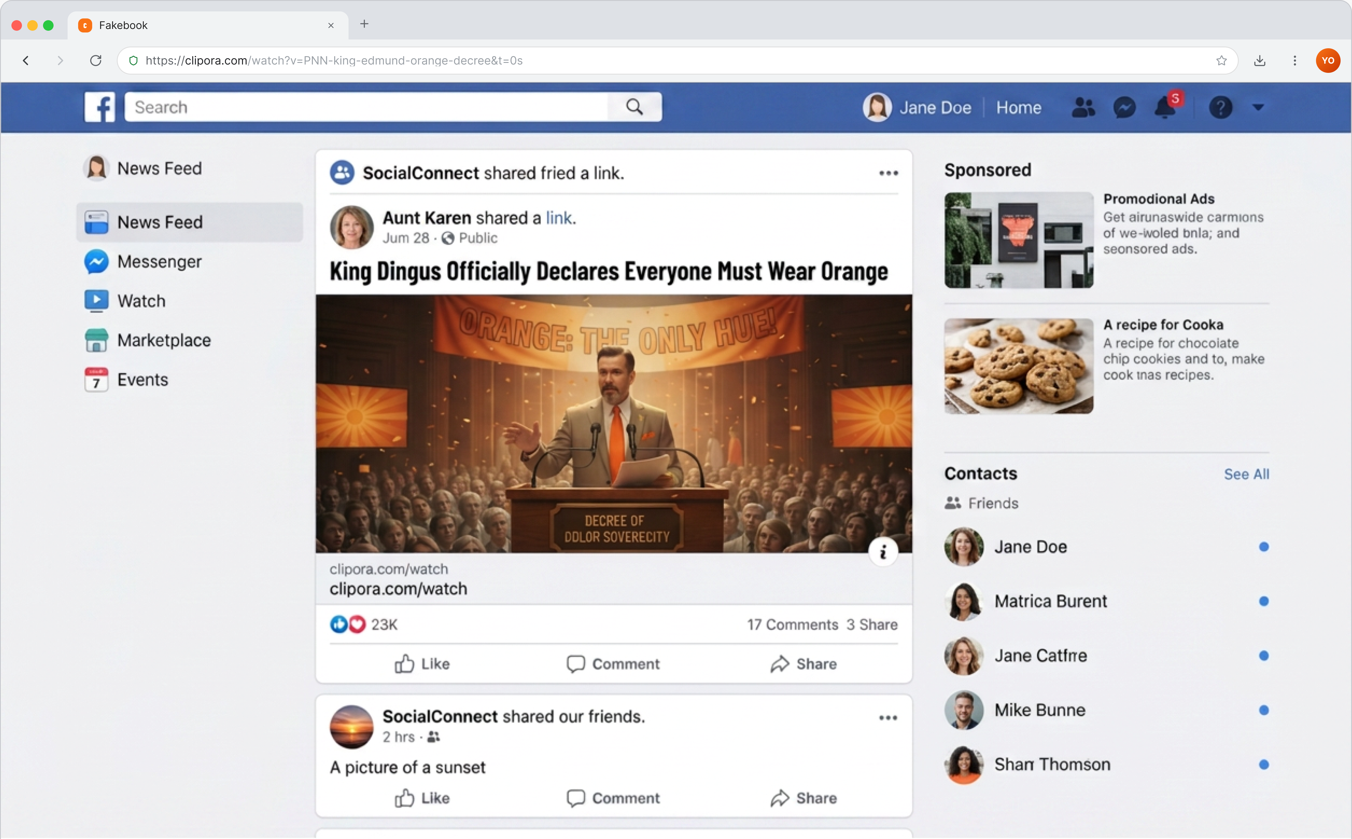 A staged social feed where a relative has shared a link titled 'King Dingus Officially Declares Everyone Must Wear Orange' with an AI-generated image of a royal address, 23K reactions and 17 comments.